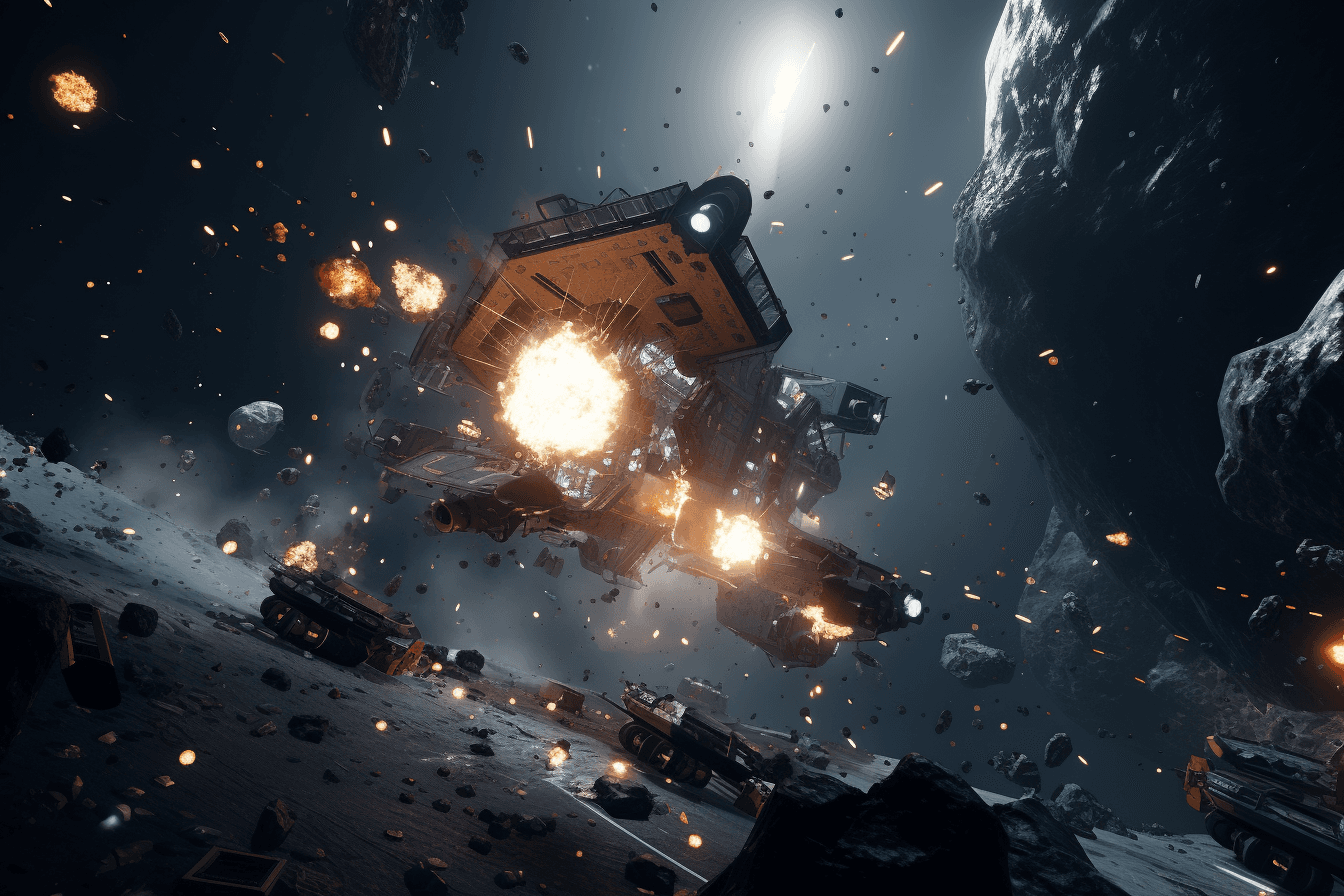 A team of AInauts piloting a spacecraft through an asteroid field, with explosions and debris flying all around them.