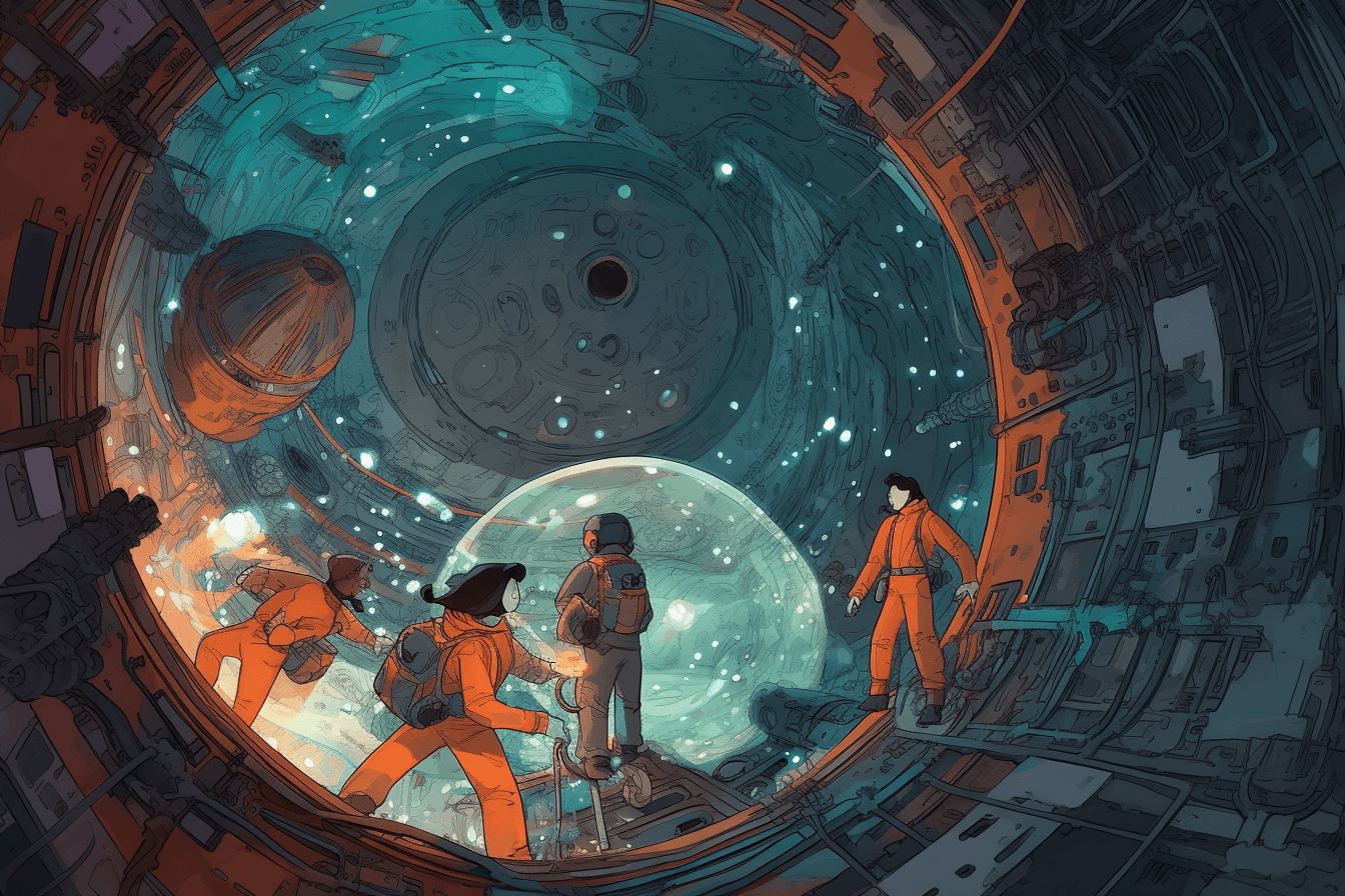 A team of AInauts working together to explore the depths of a black hole, with futuristic technology at their fingertips.