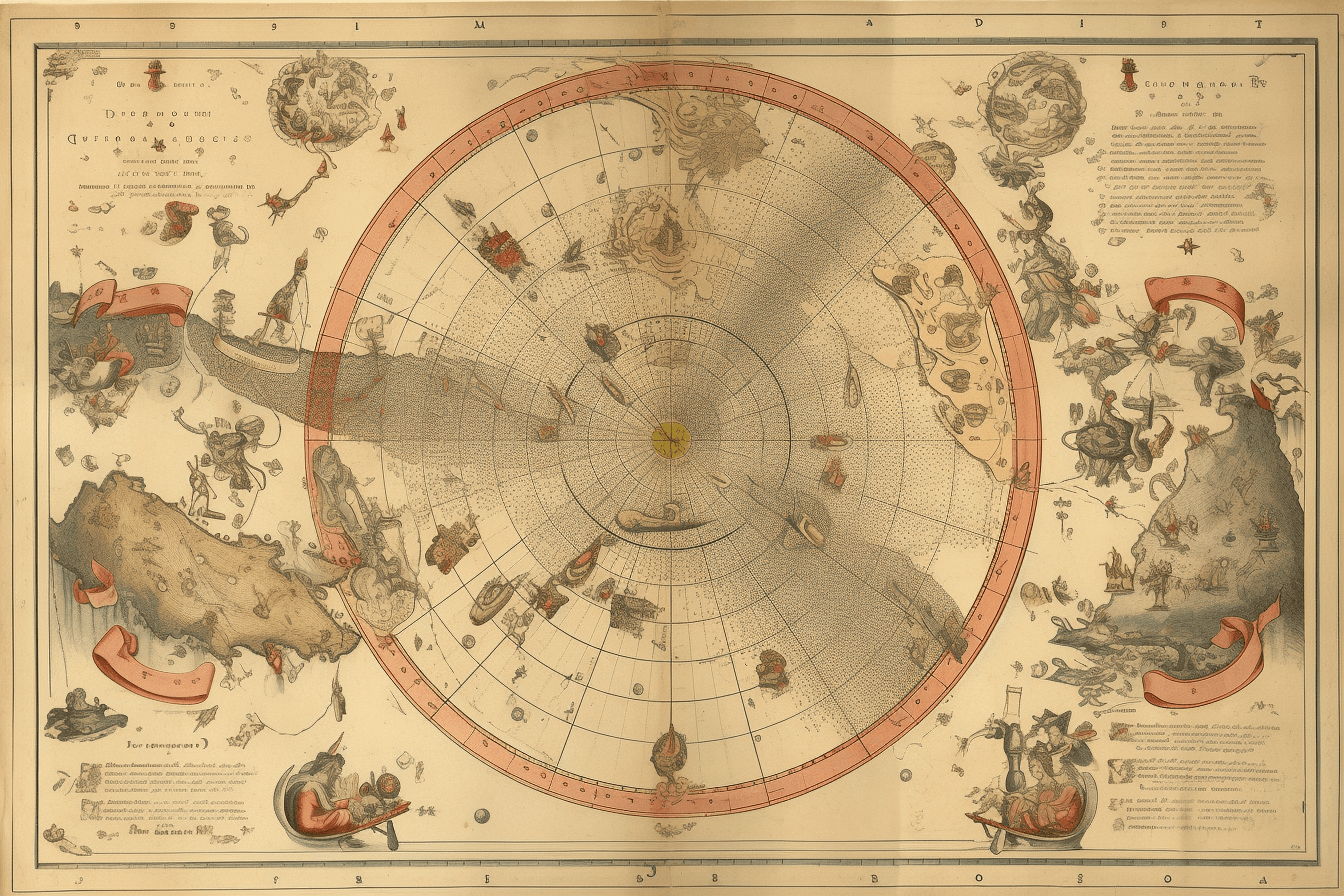 A vintage map of the stars and constellations, with detailed illustrations of spacecraft and celestial bodies.