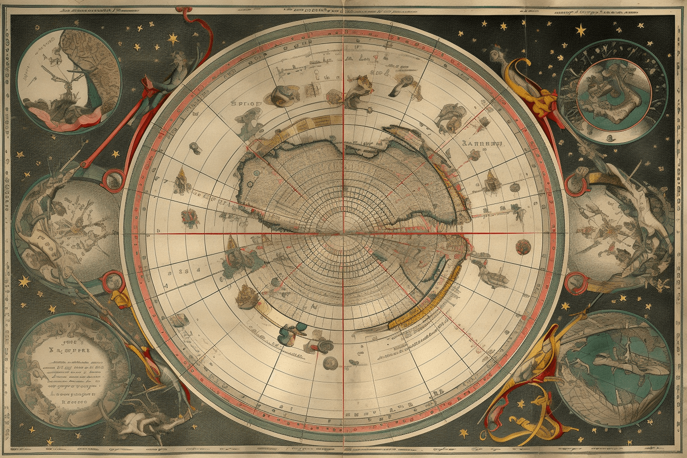 A vintage map of the stars and constellations, with detailed illustrations of spacecraft and celestial bodies.