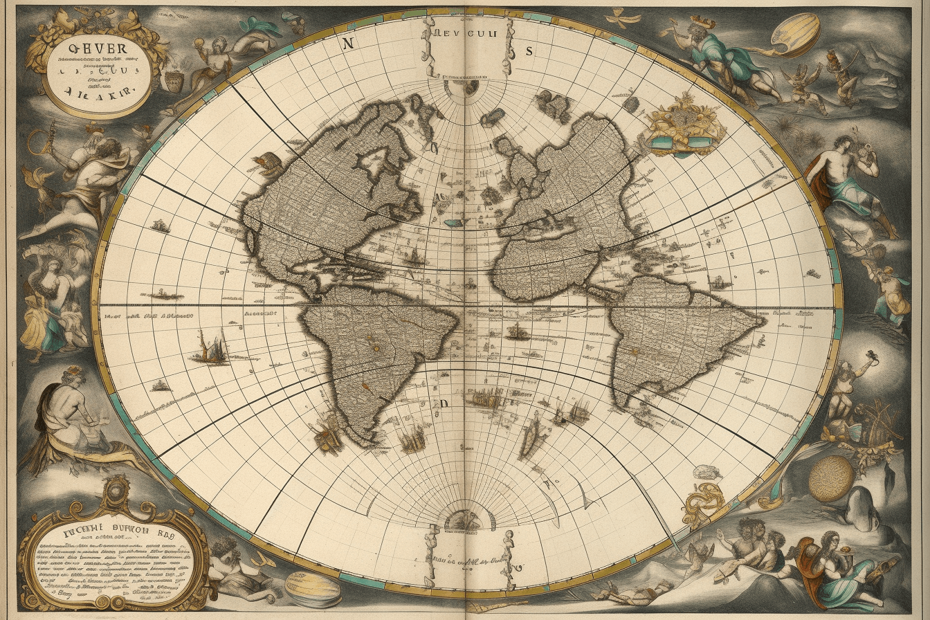 A vintage map of the stars and constellations, with detailed illustrations of spacecraft and celestial bodies.