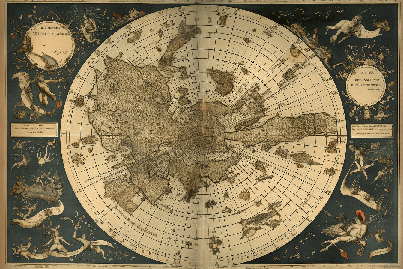 A vintage map of the stars and constellations, with detailed illustrations of spacecraft and celestial bodies.