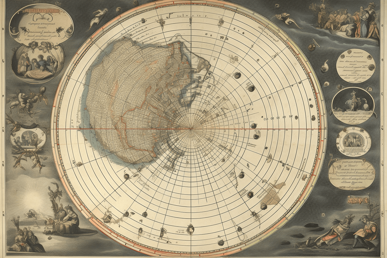 A vintage map of the stars and constellations, with detailed illustrations of spacecraft and celestial bodies.