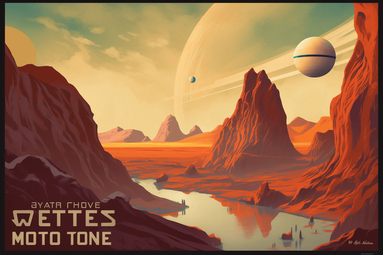 A vintage-style travel poster of a distant planet, with bold typography and an artistic rendering of the landscape.