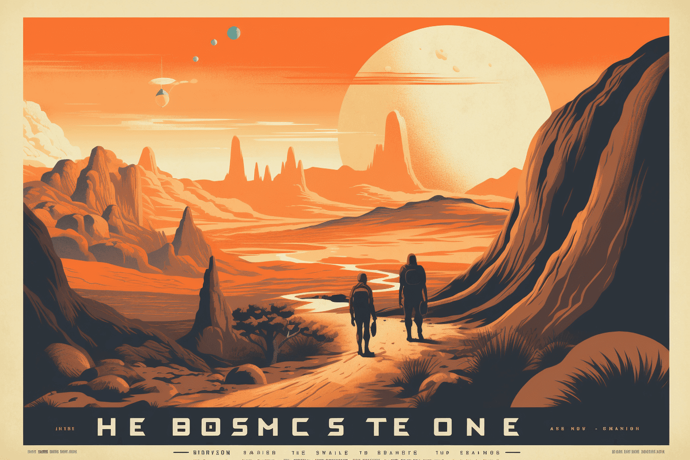 A vintage-style travel poster of a distant planet, with bold typography and an artistic rendering of the landscape.