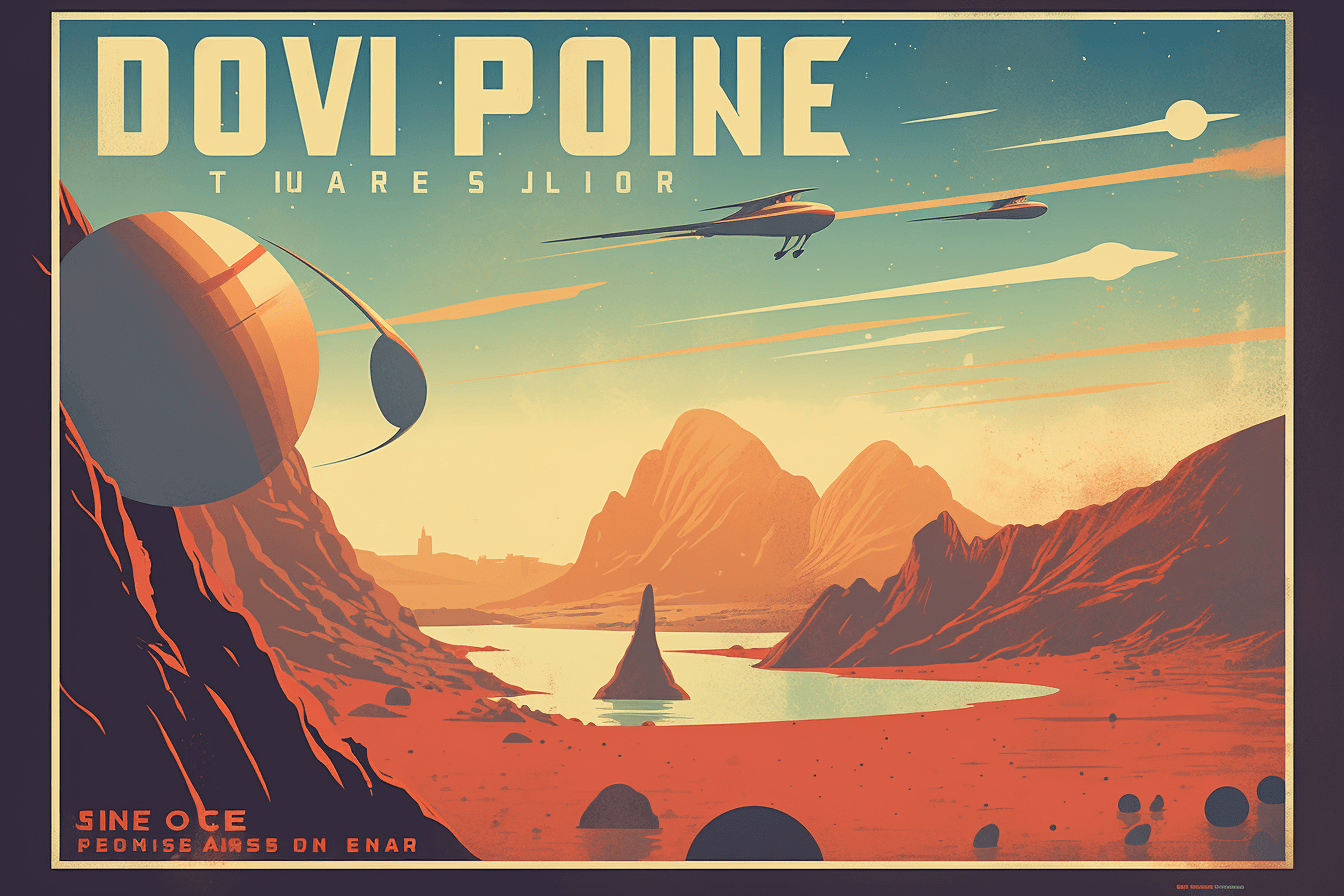 A vintage-style travel poster of a distant planet, with bold typography and an artistic rendering of the landscape.