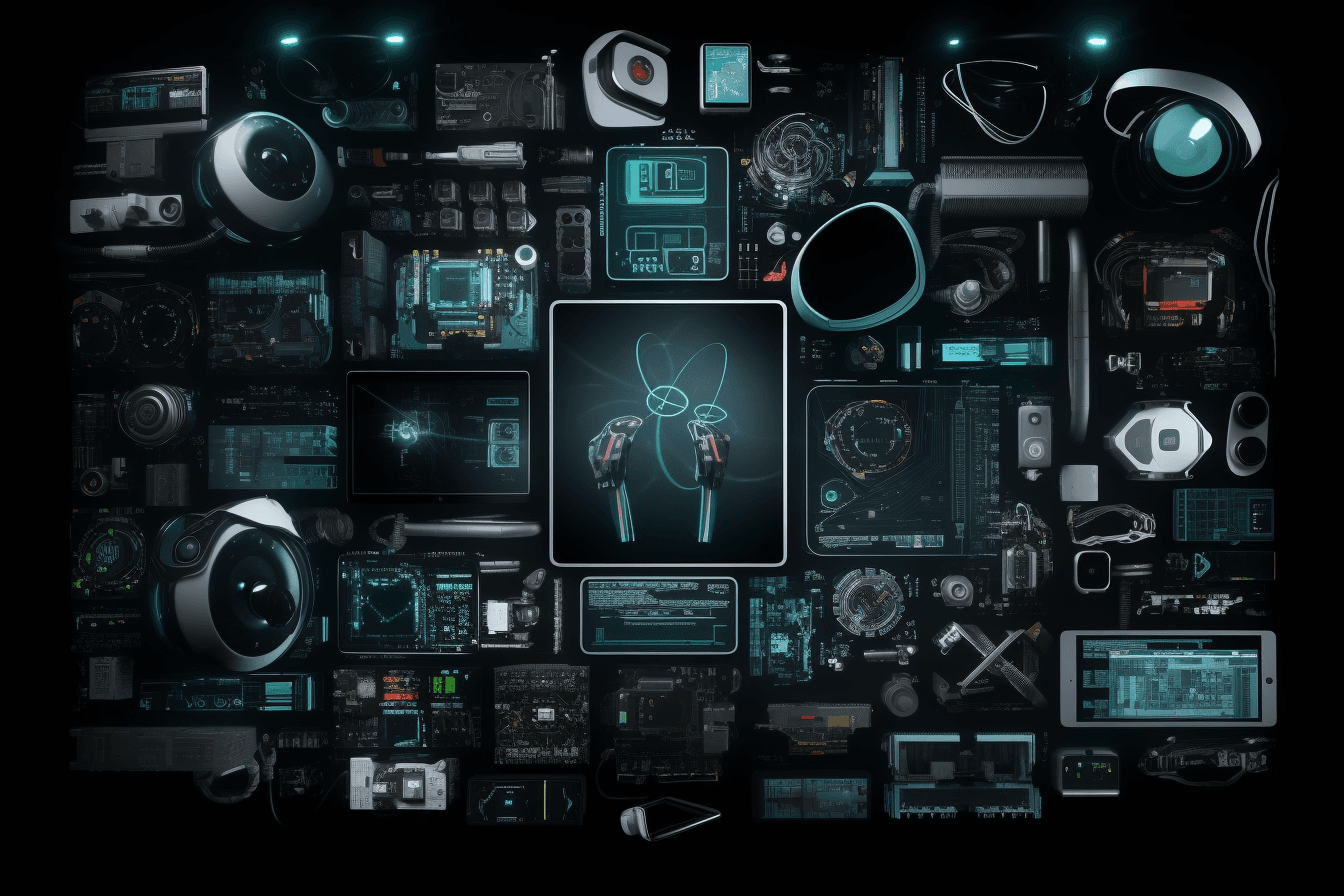 A wallpaper featuring a collage of futuristic technology such as drones, robots, and smart devices, set against a black background.