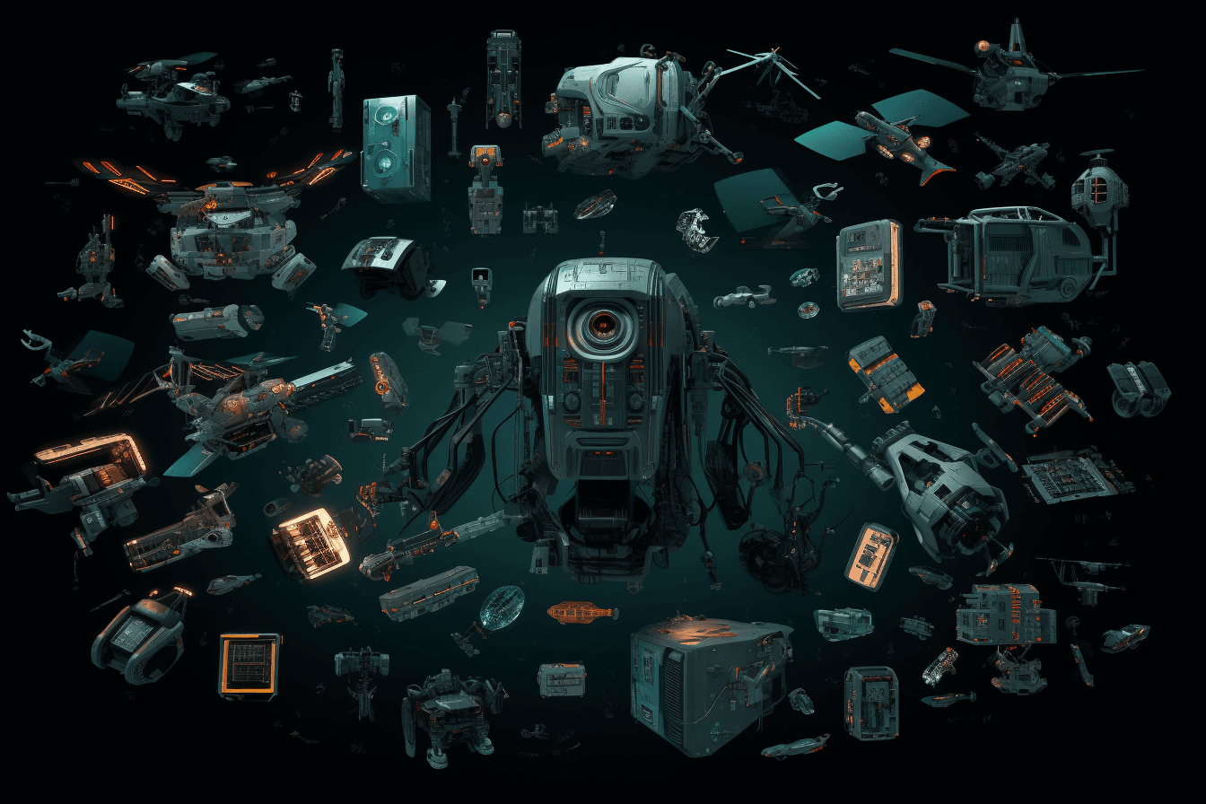 A wallpaper featuring a collage of futuristic technology such as drones, robots, and smart devices, set against a black background.