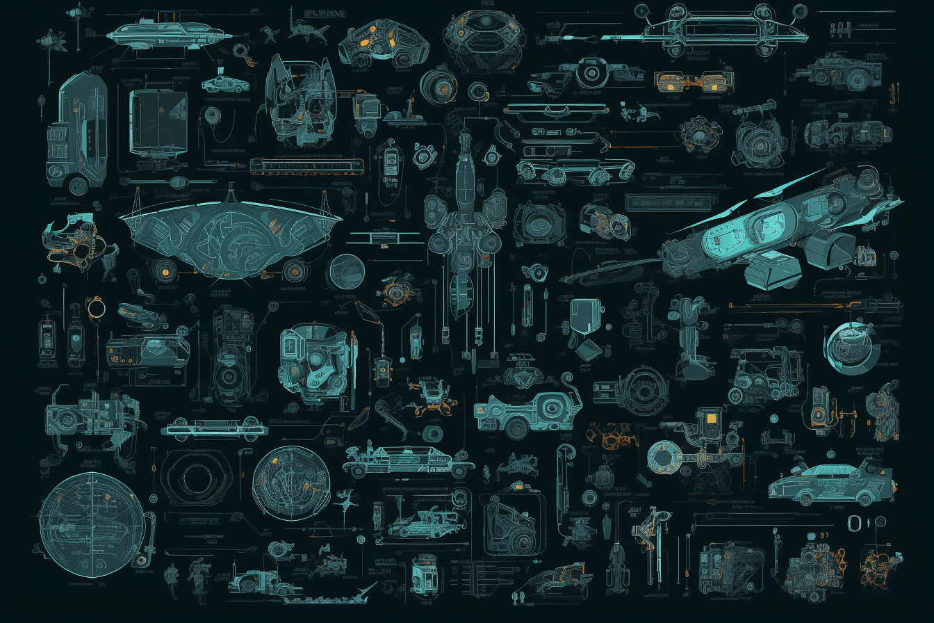 A wallpaper featuring a collage of futuristic technology such as drones, robots, and smart devices, set against a black background.