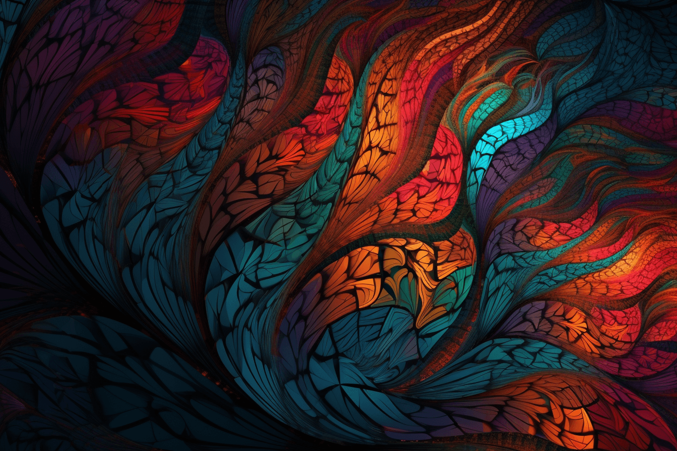 A wallpaper featuring a colorful fractal pattern, with intricate lines and bold colors.