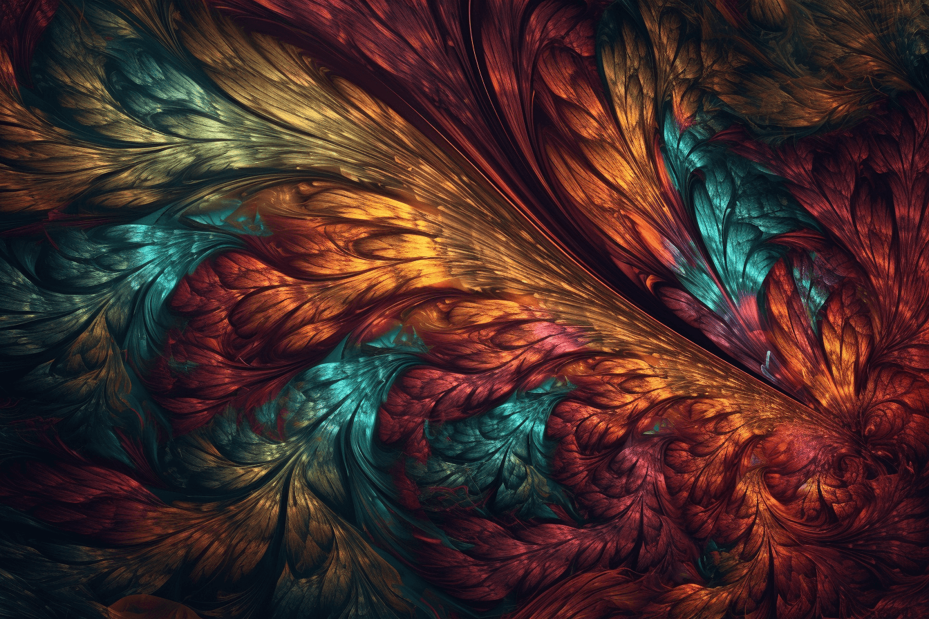 A wallpaper featuring a colorful fractal pattern, with intricate lines and bold colors.