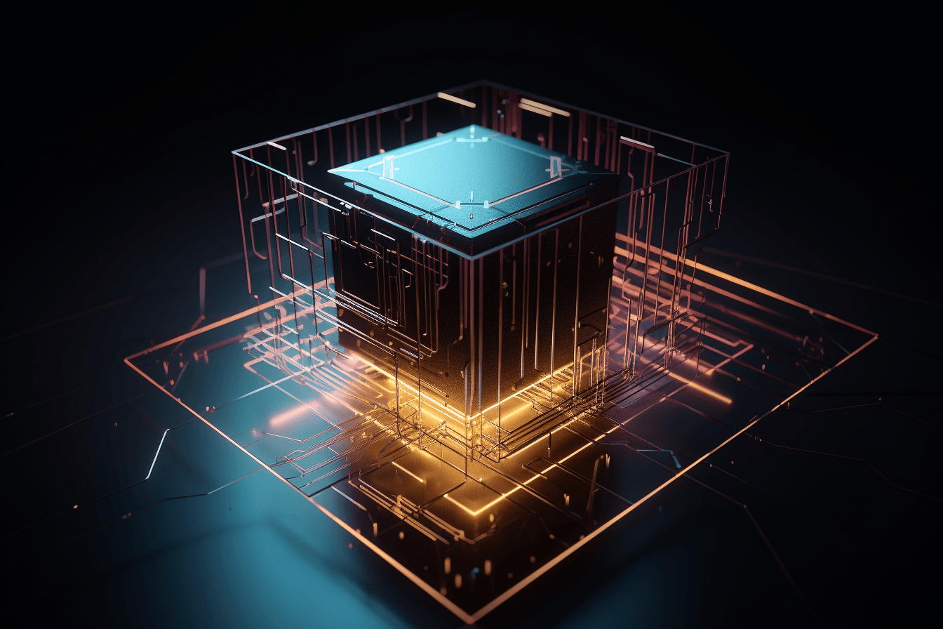 A wallpaper featuring a digital rendering of a quantum computer, with a minimalist color scheme and geometric lines.