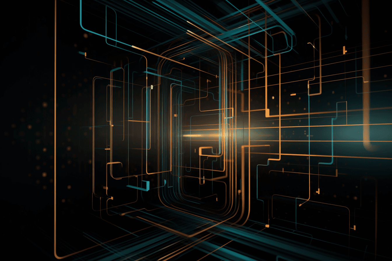 A wallpaper featuring a digital rendering of a quantum computer, with a minimalist color scheme and geometric lines.