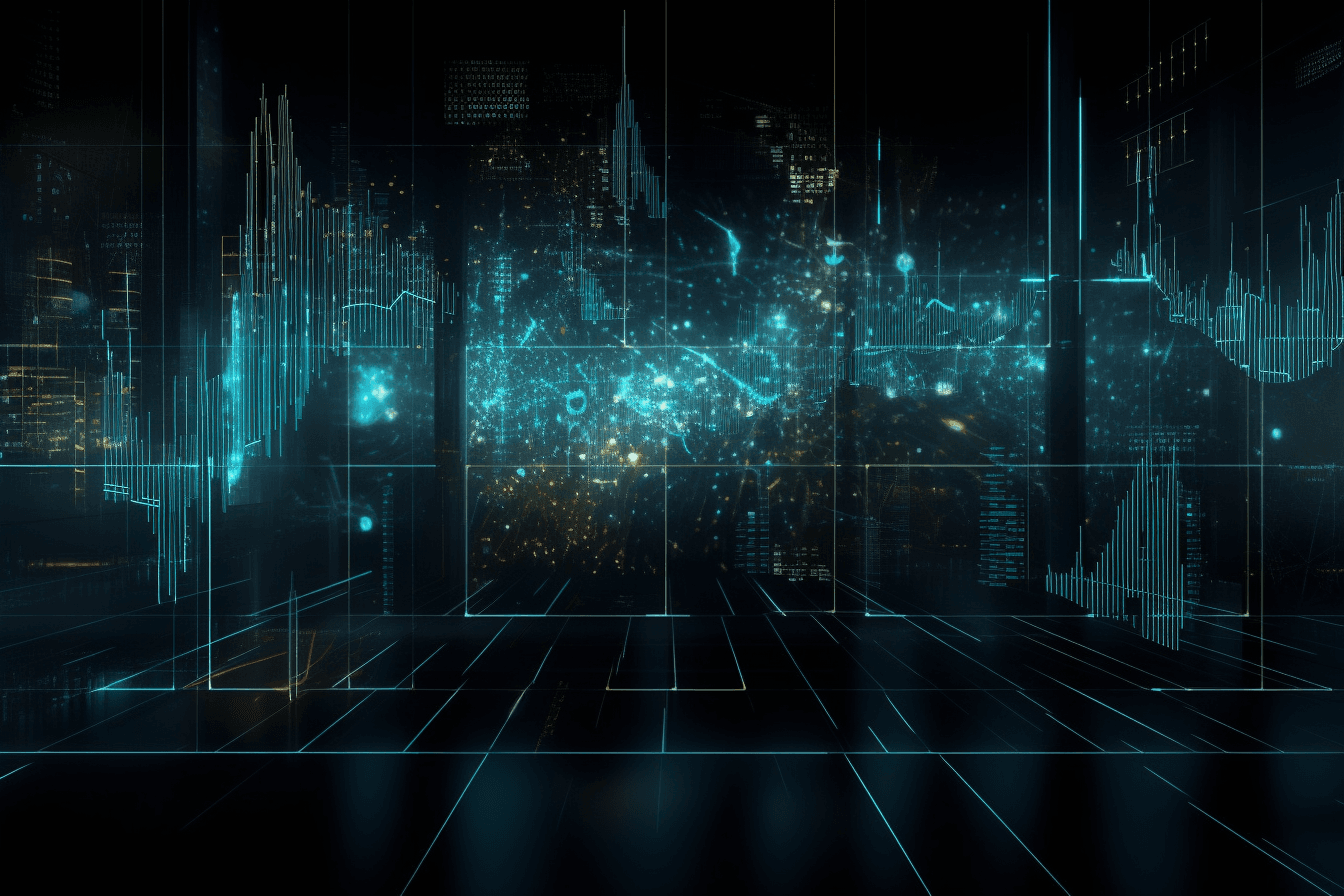 A wallpaper featuring a matrix of futuristic data visualizations and graphs