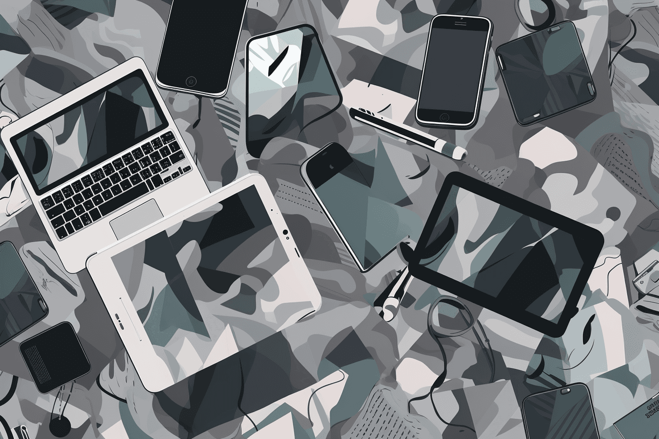 A wallpaper featuring a repeating pattern of sleek and modern digital devices, such as smartphones, tablets, and laptops.