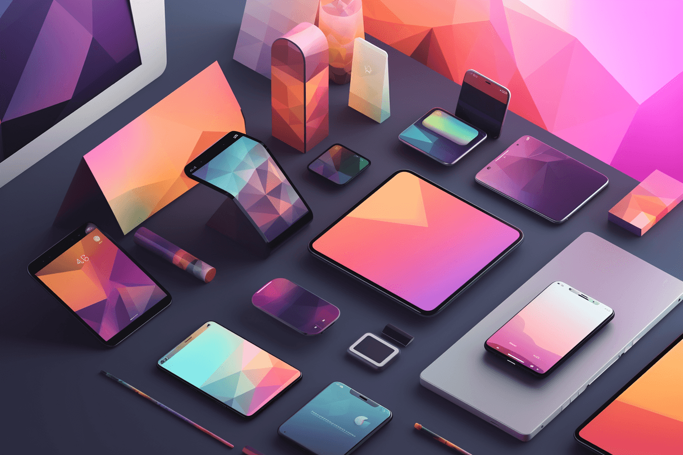 A wallpaper featuring a repeating pattern of sleek and modern digital devices, such as smartphones, tablets, and laptops, set against a gradient background.