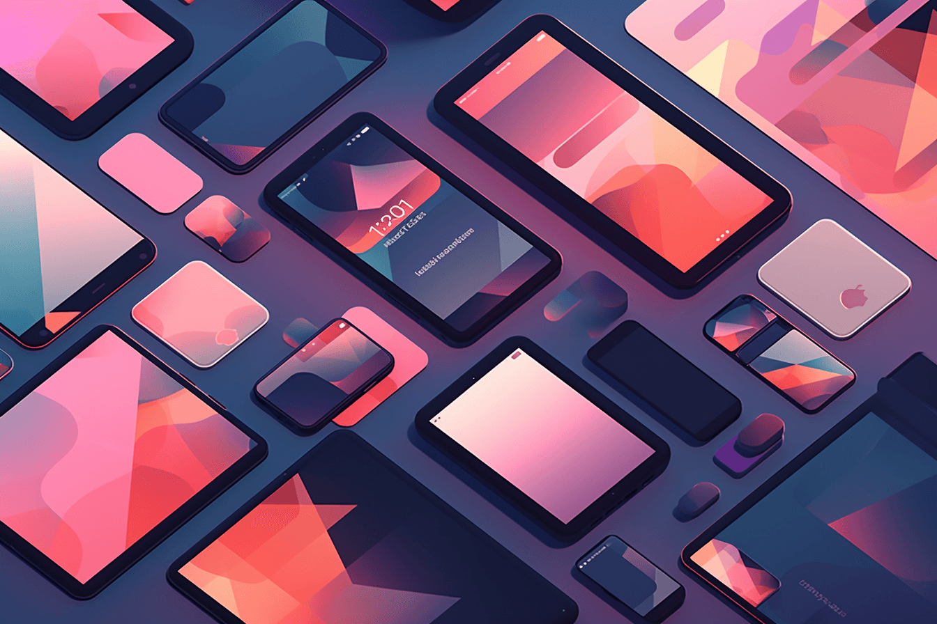 A wallpaper featuring a repeating pattern of sleek and modern digital devices, such as smartphones, tablets, and laptops, set against a gradient background.