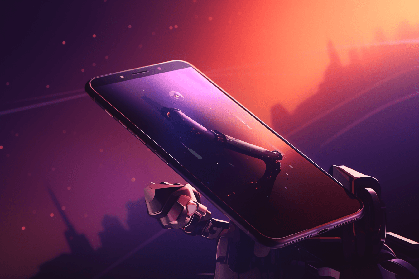 A wallpaper featuring a simple graphic of a robot arm holding a smartphone, with a space for placing important notifications or messages.