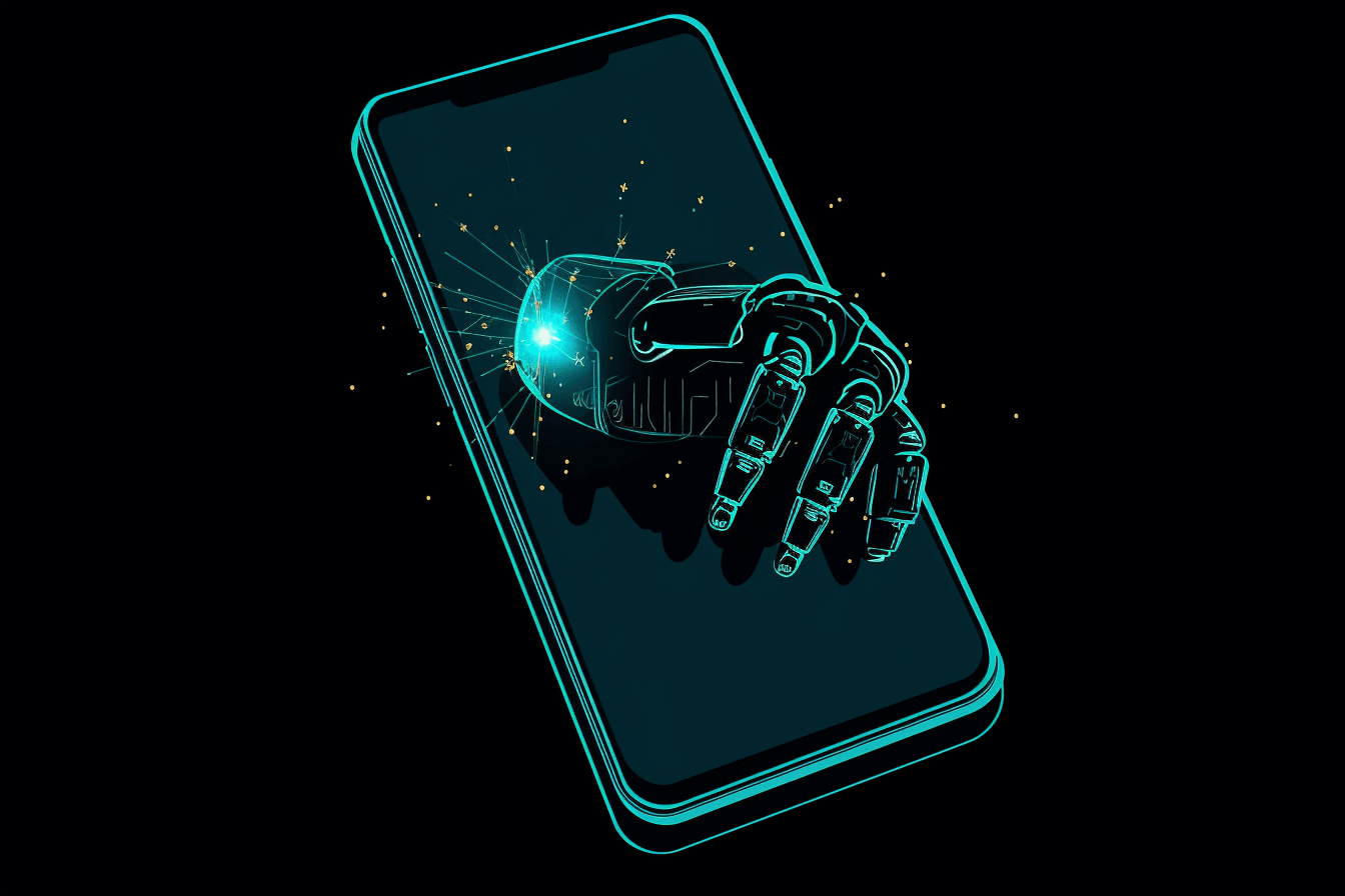 A wallpaper featuring a simple graphic of a robot arm holding a smartphone, with a space for placing important notifications or messages.