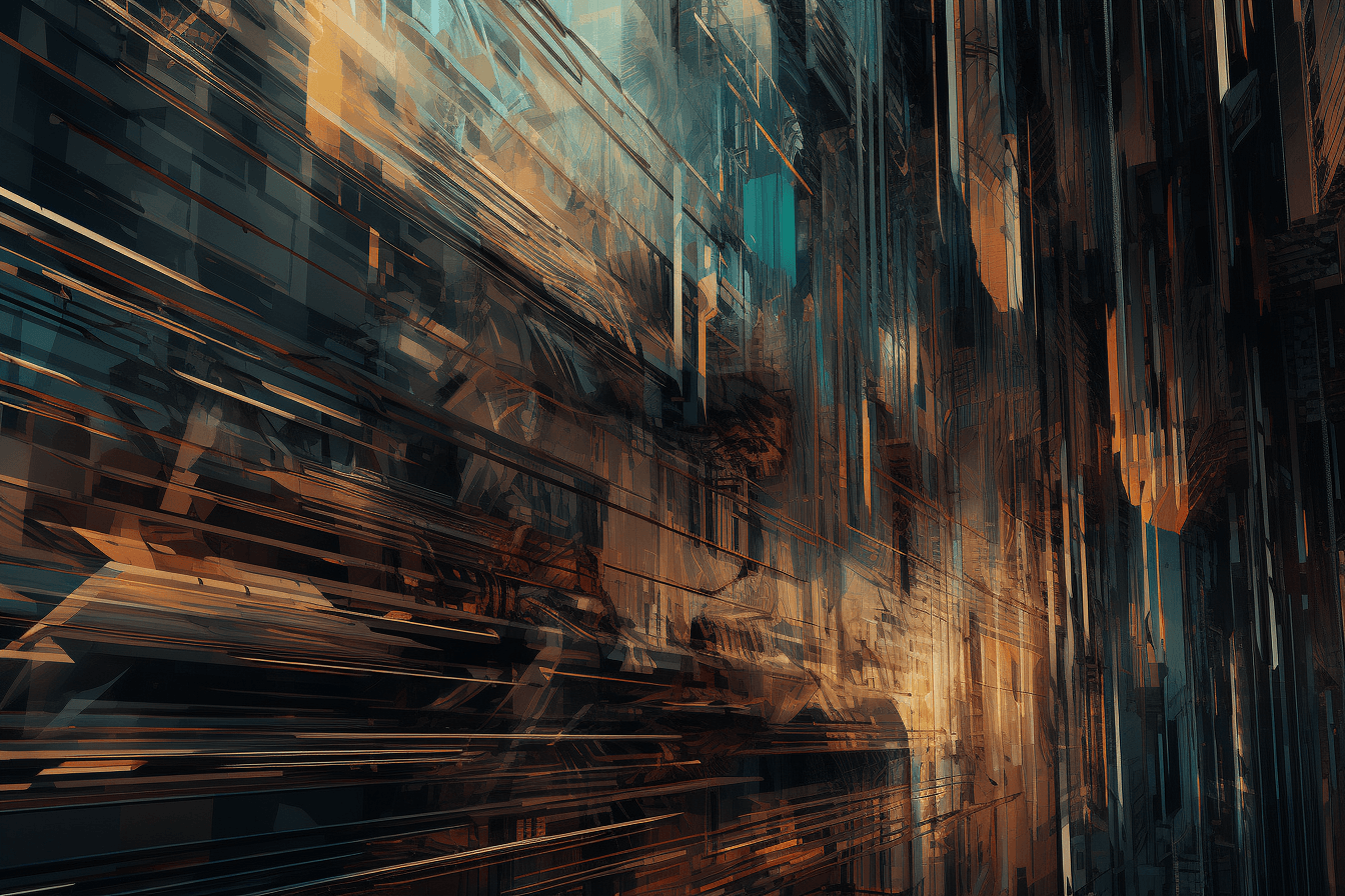 A wallpaper featuring a stylized illustration of a dystopian future, with metallic textures and digital glitch effects.