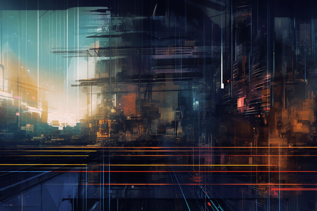 A wallpaper featuring a stylized illustration of a dystopian future, with metallic textures and digital glitch effects.