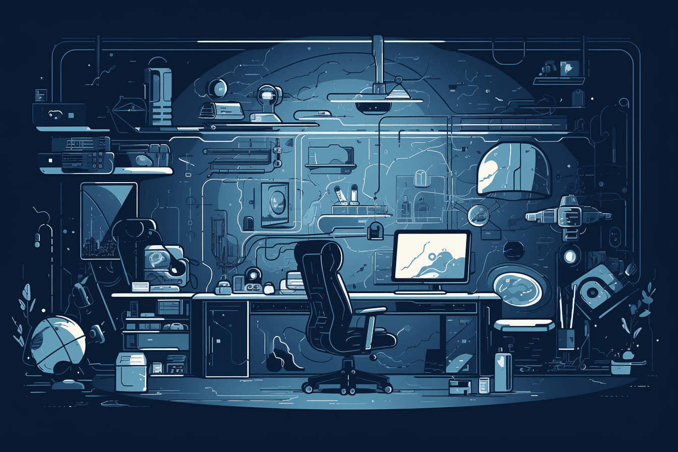 A wallpaper featuring a stylized illustration of a futuristic workspace, with a minimalist and modern design.