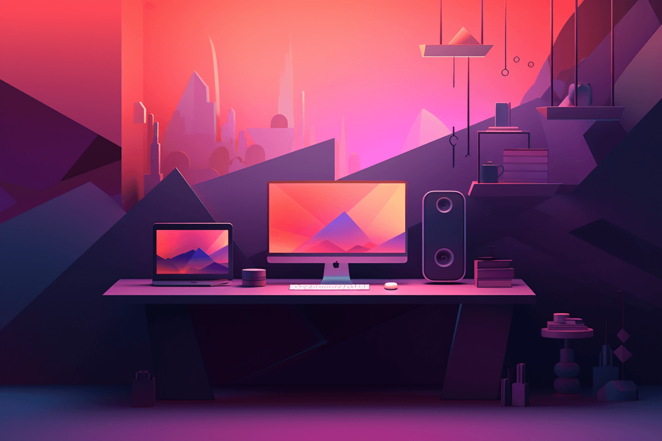 A wallpaper featuring a stylized illustration of a futuristic workspace, with a minimalist and modern design, set against a gradient background.