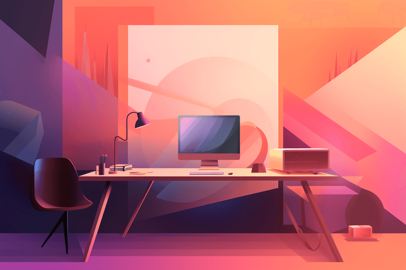 A wallpaper featuring a stylized illustration of a futuristic workspace, with a minimalist and modern design, set against a gradient background.