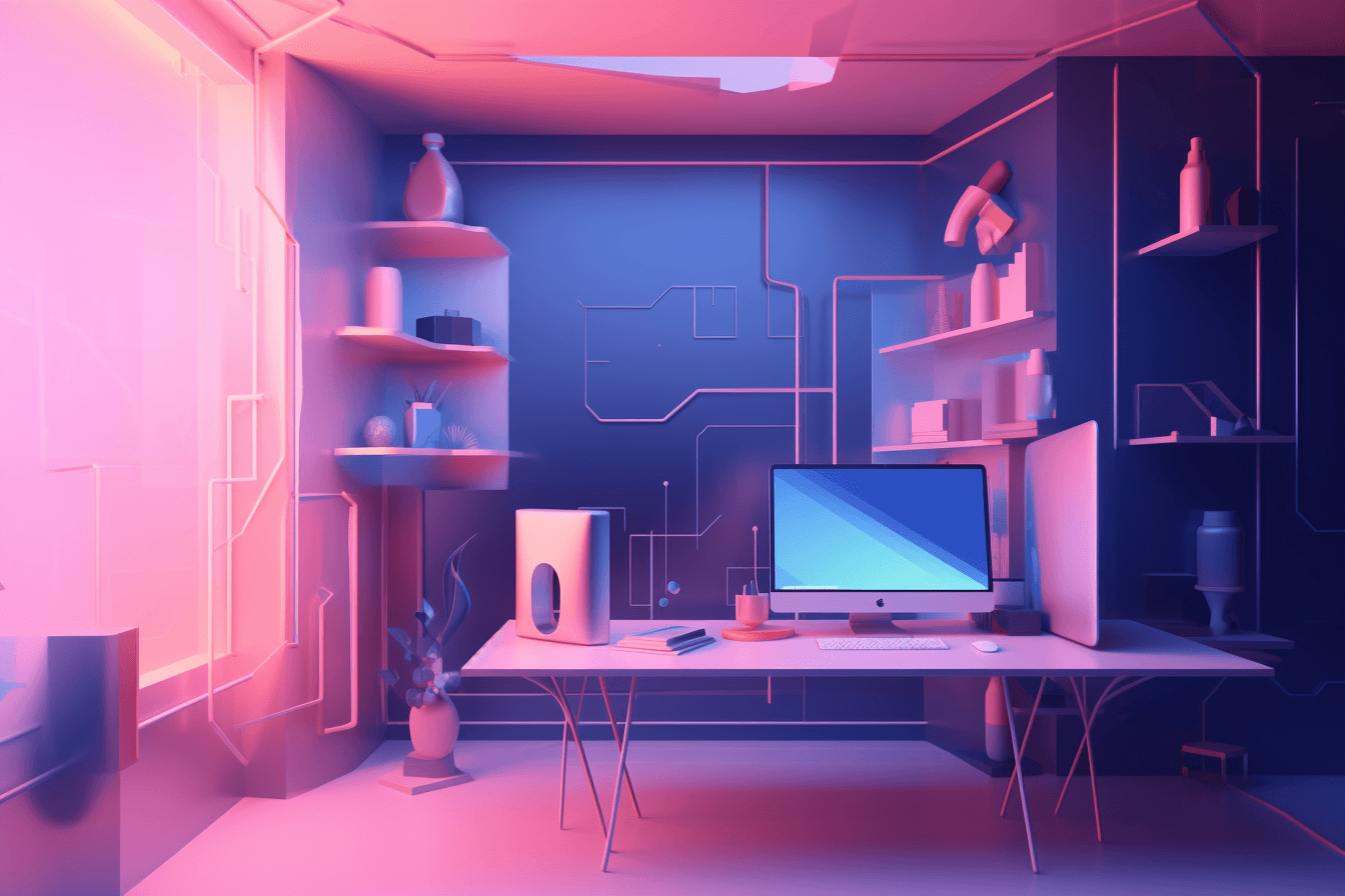 A wallpaper featuring a stylized illustration of a futuristic workspace, with a minimalist and modern design, set against a gradient background.