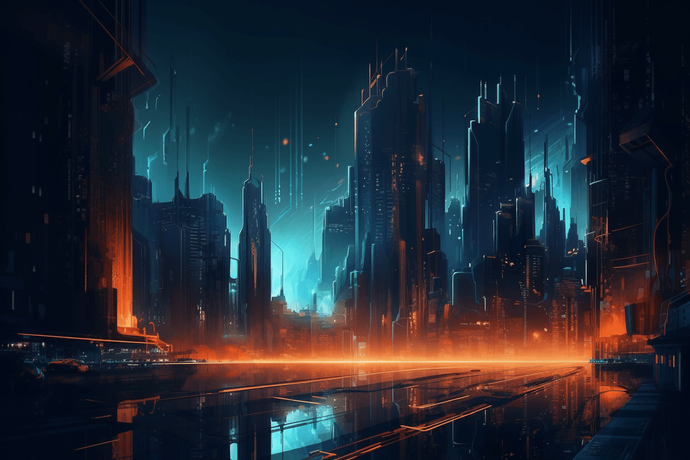 A wallpaper featuring an abstract illustration of a dark and futuristic cityscape, with glowing lights and skyscrapers.