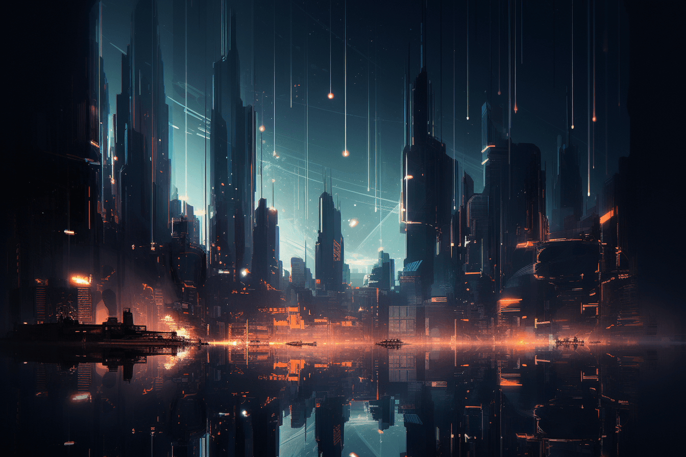 A wallpaper featuring an abstract illustration of a dark and futuristic cityscape, with glowing lights and skyscrapers.