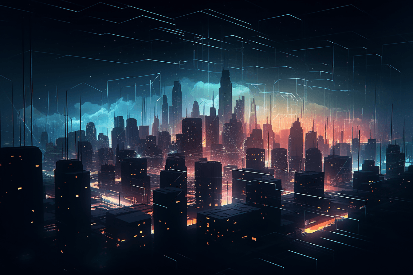 A wallpaper featuring an abstract illustration of a dark and futuristic cityscape, with glowing lights and skyscrapers.