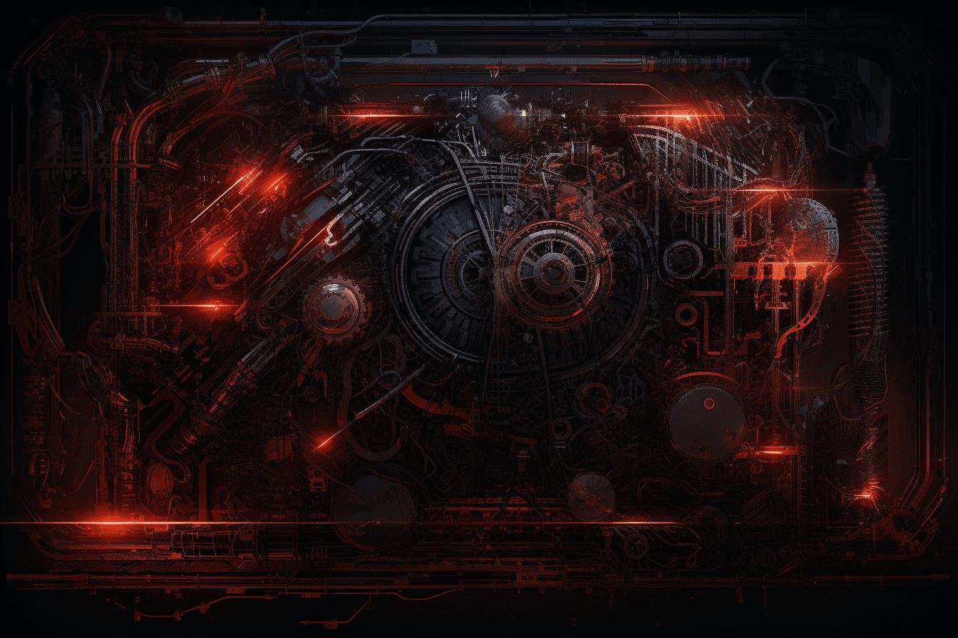 A wallpaper featuring an abstract illustration of a dark and ominous machine, with glowing red lights and mechanical parts.