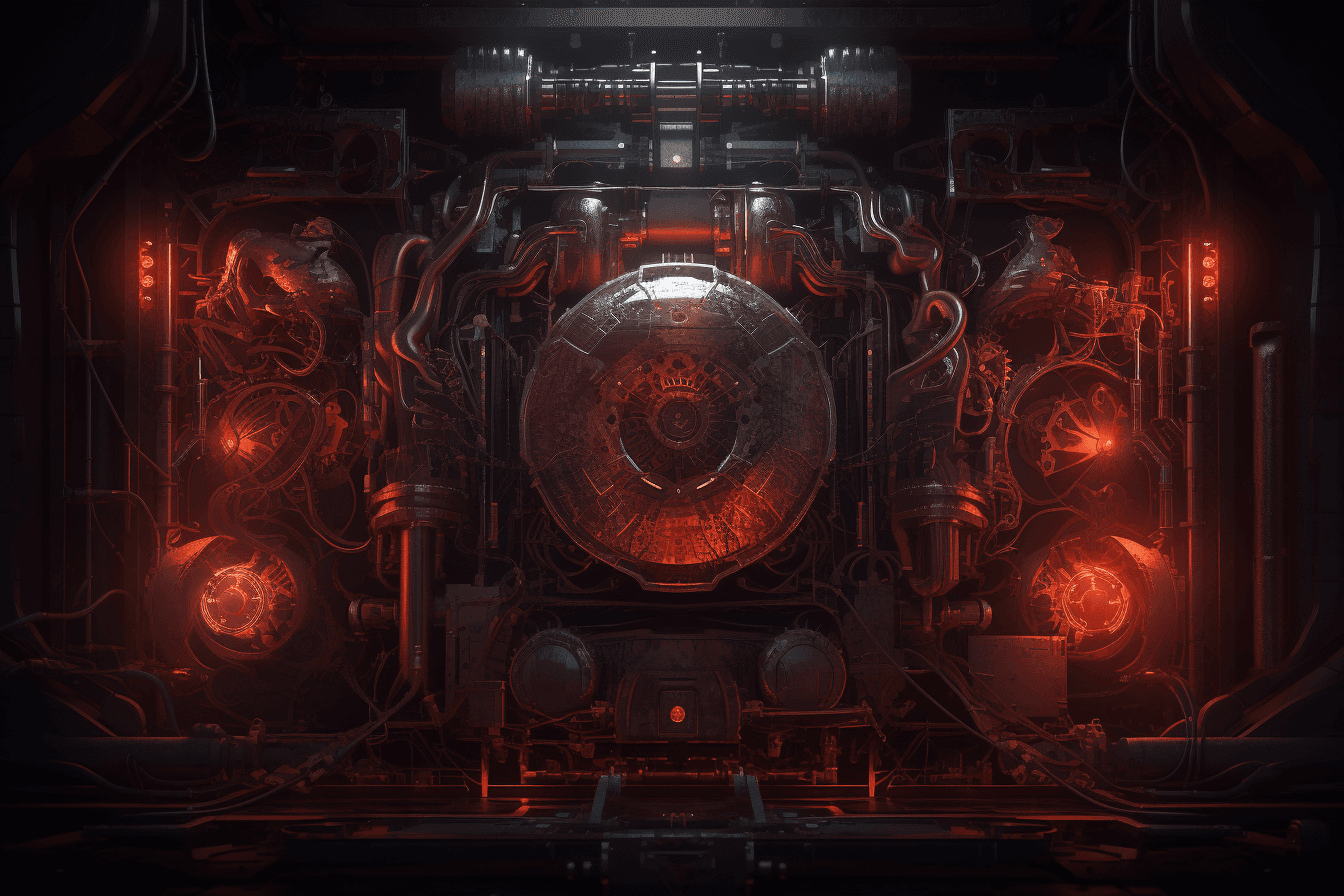 A wallpaper featuring an abstract illustration of a dark and ominous machine, with glowing red lights and mechanical parts.