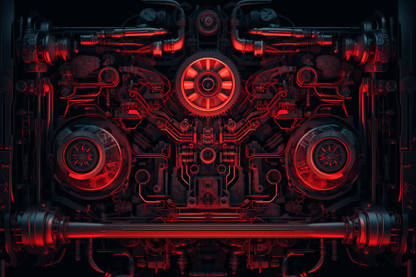 A wallpaper featuring an abstract illustration of a dark and ominous machine, with glowing red lights and mechanical parts.