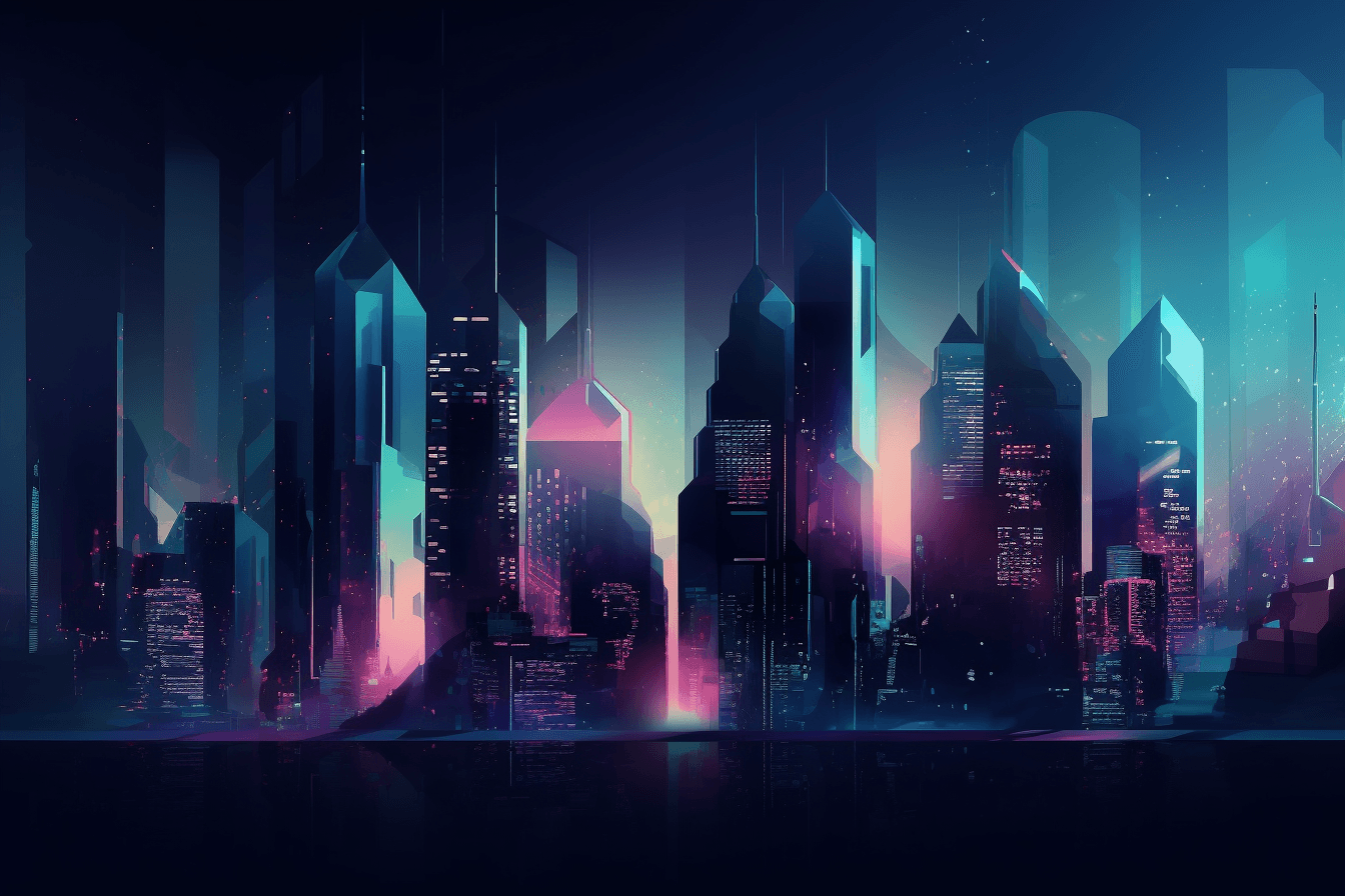 A wallpaper featuring an abstract illustration of a futuristic cityscape, with glowing lights and a dark and moody color scheme, set against a gradient background.