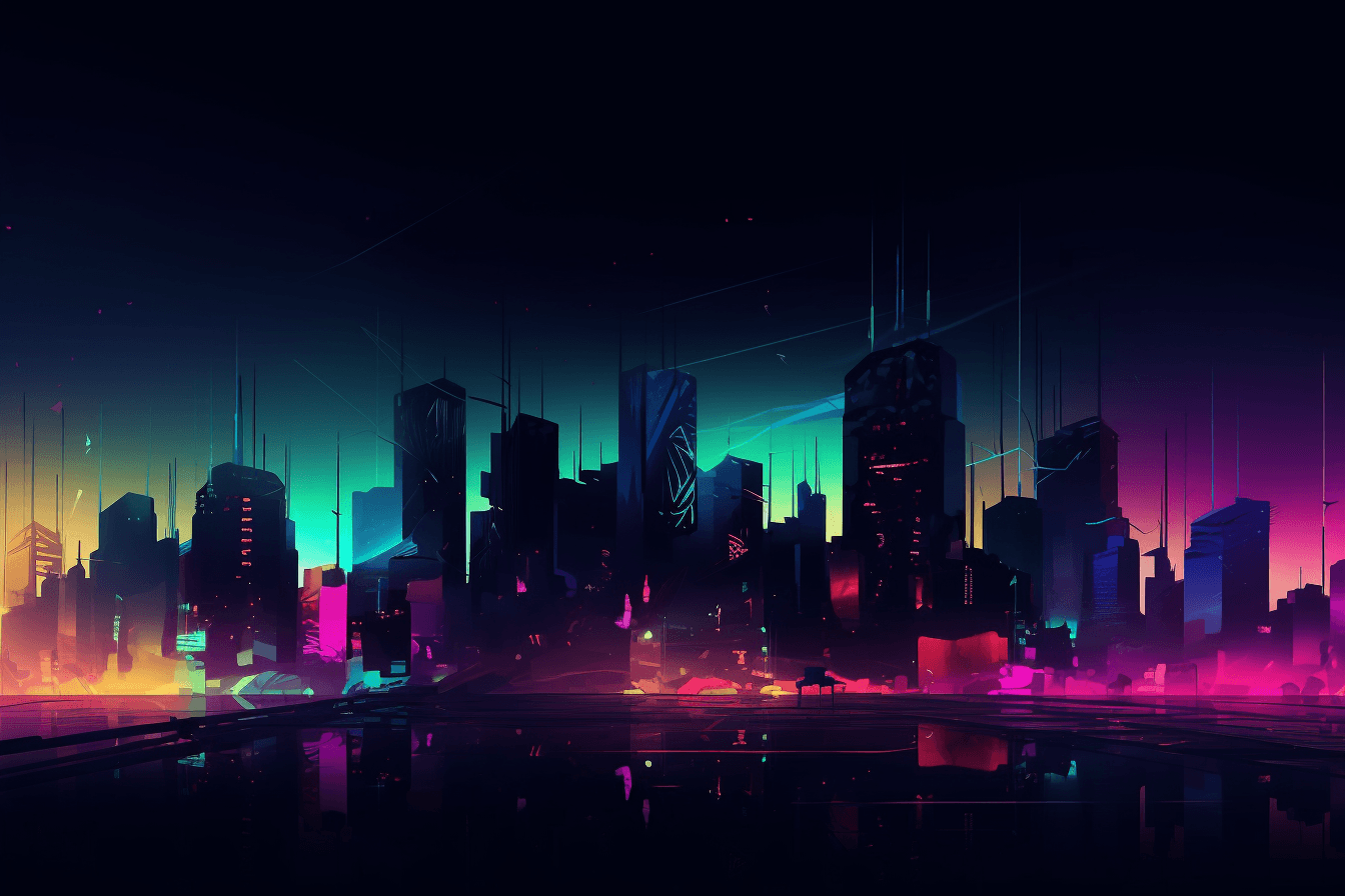 A wallpaper featuring an abstract illustration of a futuristic cityscape, with glowing lights and a dark and moody color scheme, set against a gradient background.