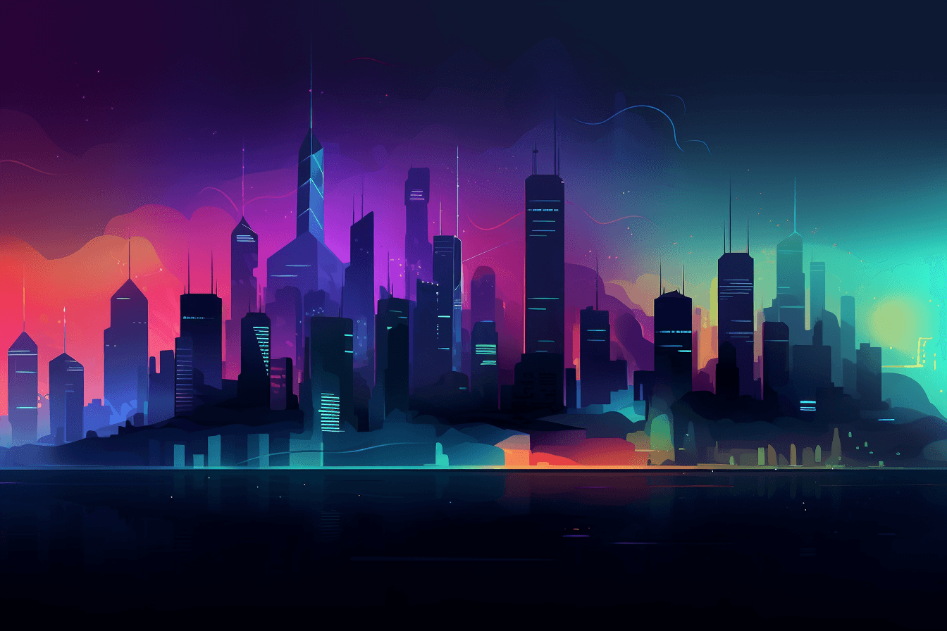 A wallpaper featuring an abstract illustration of a futuristic cityscape, with glowing lights and a dark and moody color scheme, set against a gradient background.