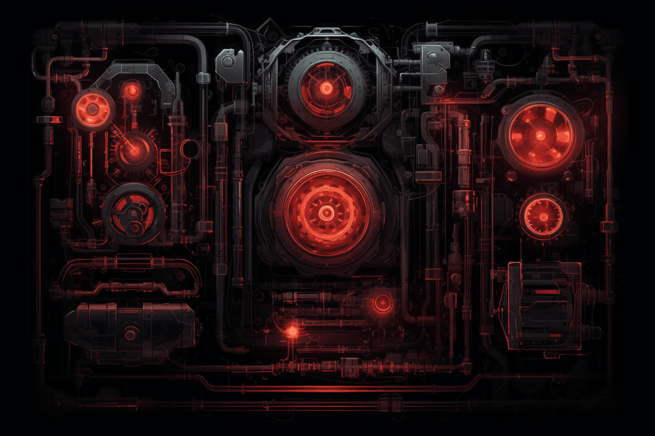 A wallpaper featuring an abstract illustration of a dark and ominous machine, with glowing red lights and mechanical parts.