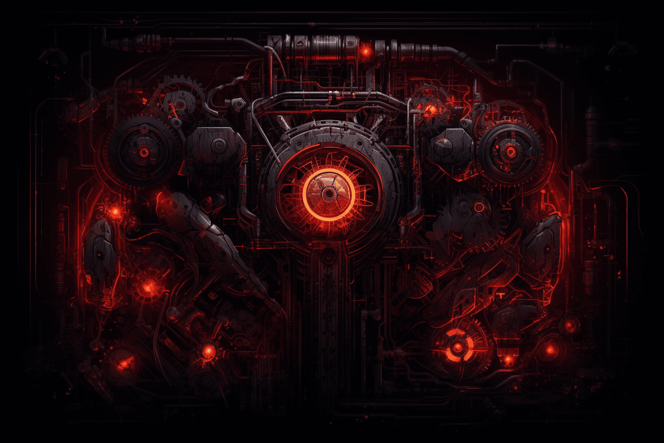 A wallpaper featuring an abstract illustration of a dark and ominous machine, with glowing red lights and mechanical parts.