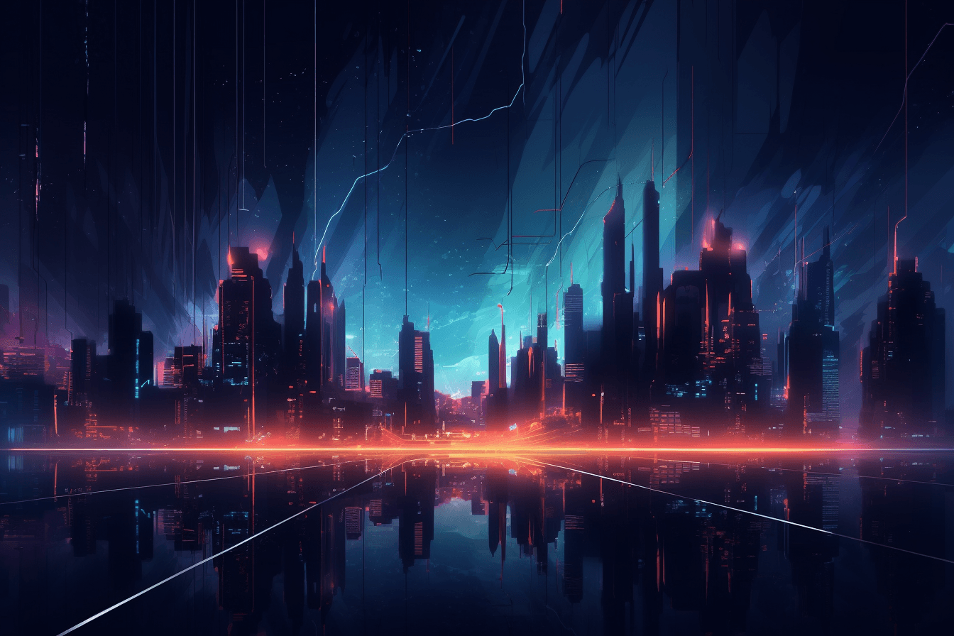 A wallpaper featuring an abstract illustration of a dark and futuristic cityscape, with glowing lights and skyscrapers.