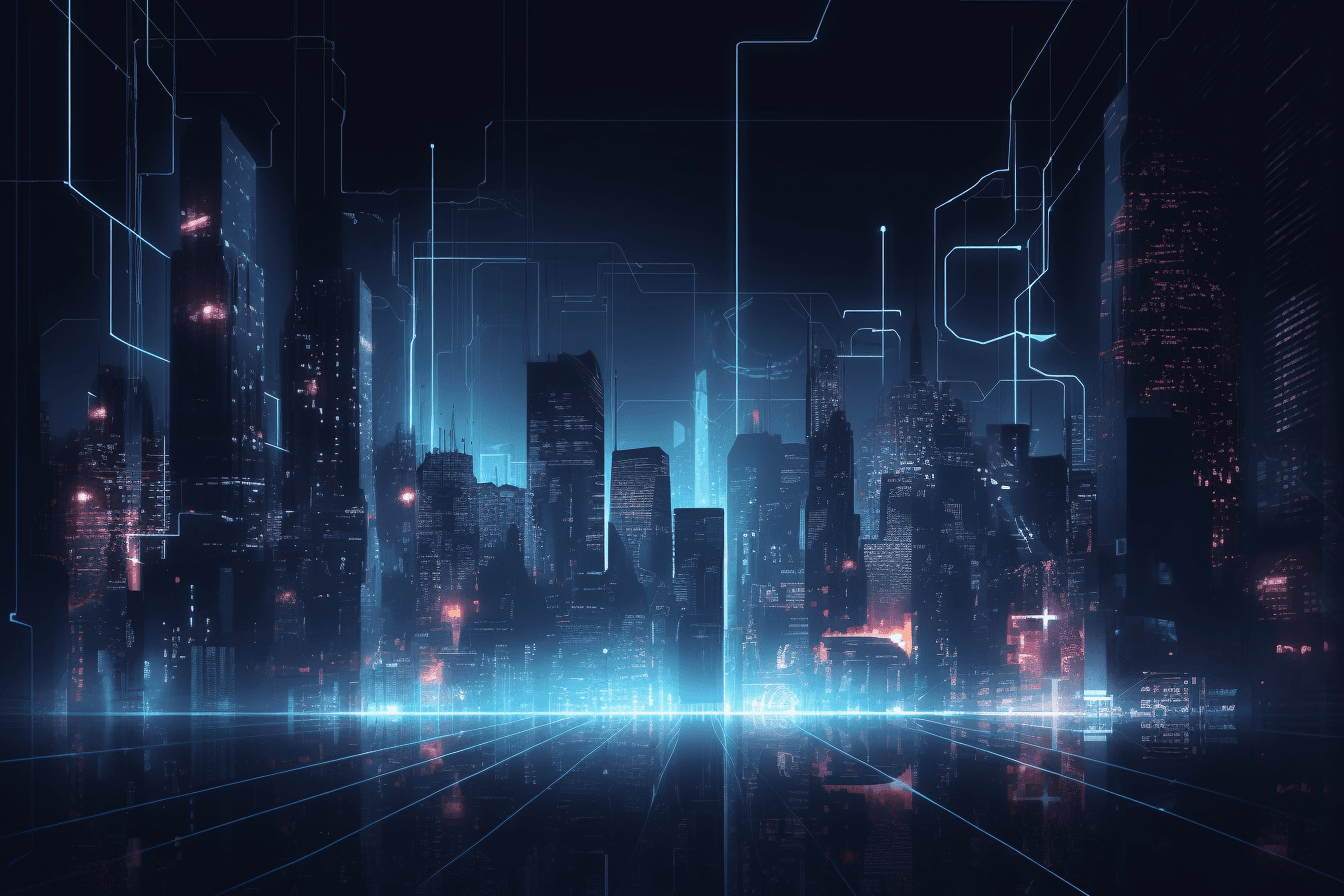 A wallpaper featuring an abstract illustration of a dark and futuristic cityscape, with glowing lights and skyscrapers.