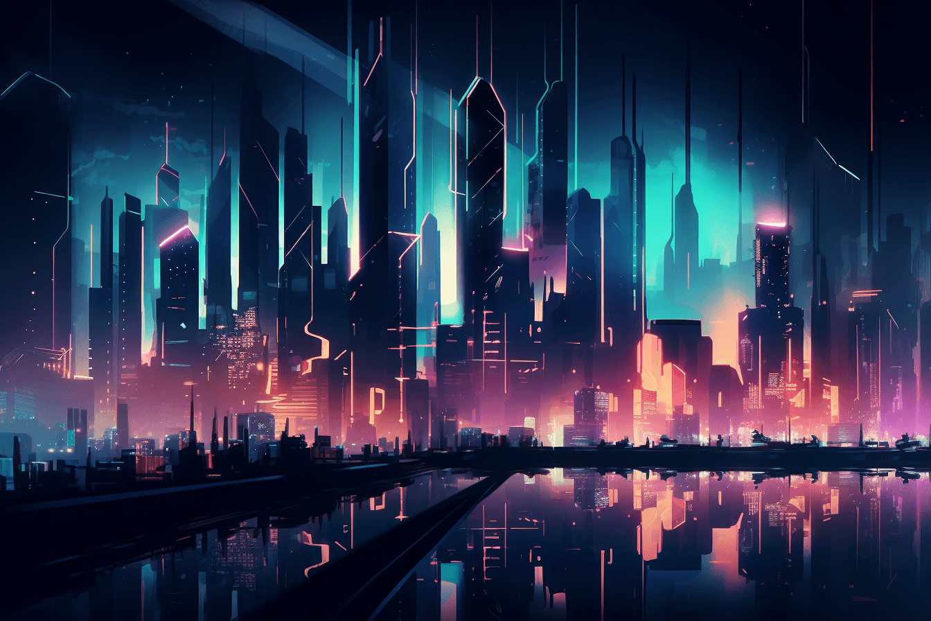 A wallpaper featuring an abstract illustration of a dark and futuristic cityscape, with glowing lights and skyscrapers.