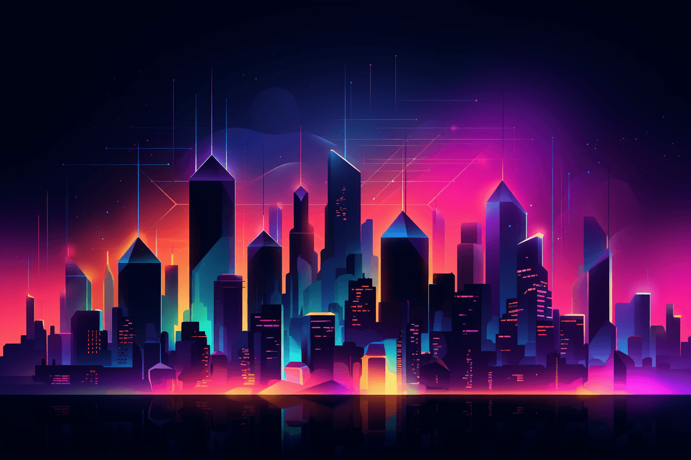 A wallpaper featuring an abstract illustration of a futuristic cityscape, with glowing lights and a dark and moody color scheme, set against a gradient background.