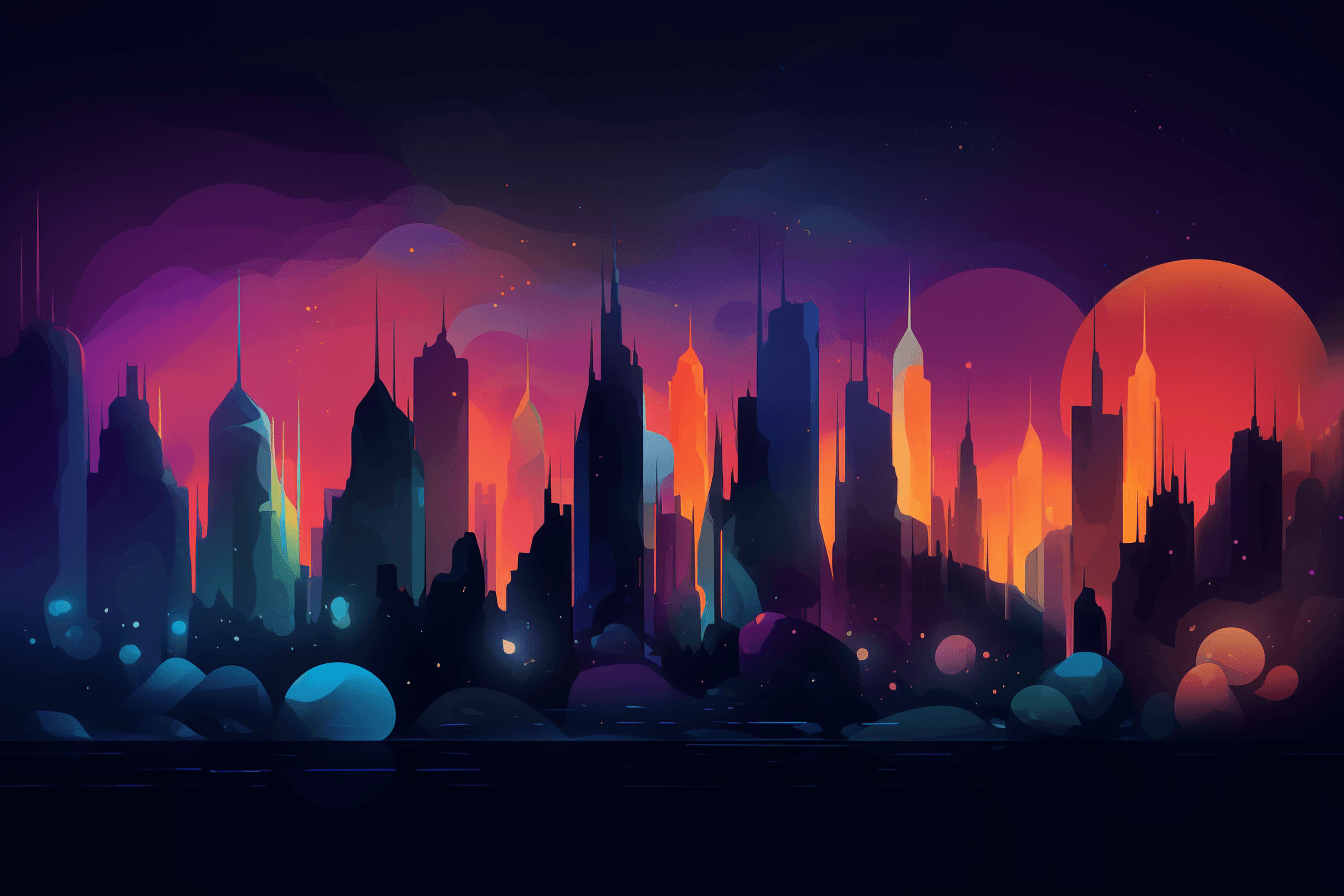 A wallpaper featuring an abstract illustration of a futuristic cityscape, with glowing lights and a dark and moody color scheme, set against a gradient background.