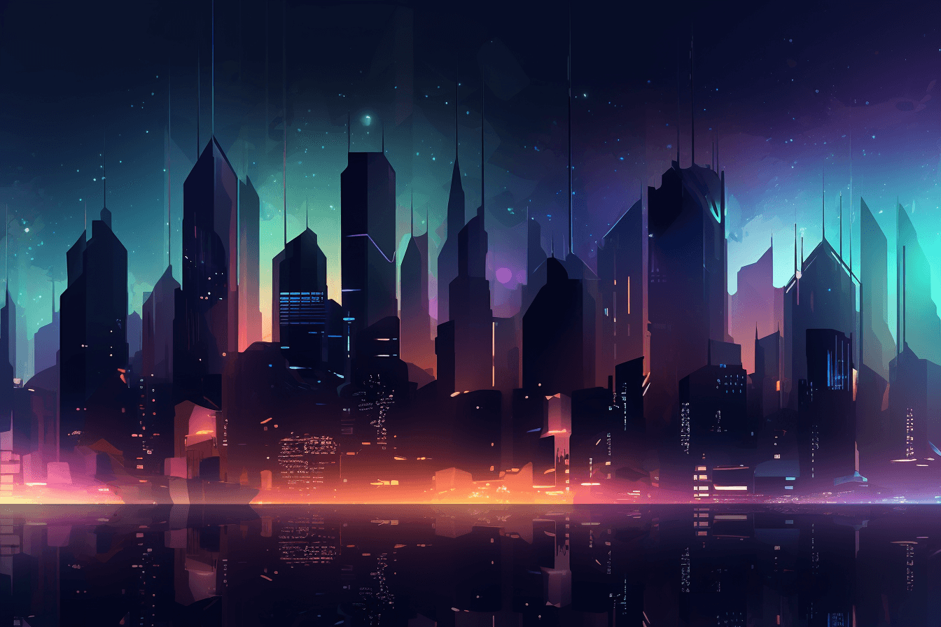 A wallpaper featuring an abstract illustration of a futuristic cityscape, with glowing lights and a dark and moody color scheme, set against a gradient background.