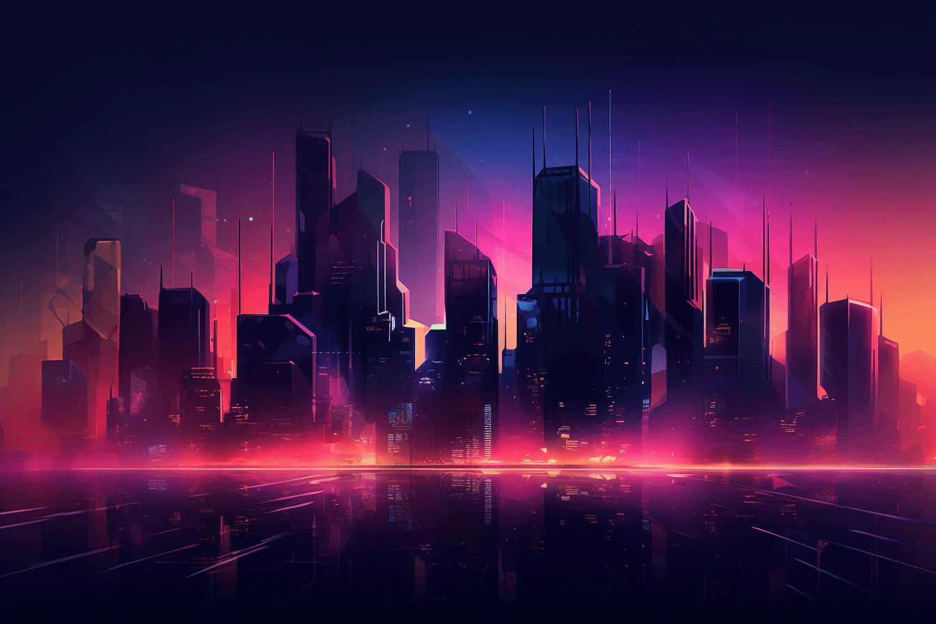 A wallpaper featuring an abstract illustration of a futuristic cityscape, with glowing lights and a dark and moody color scheme, set against a gradient background.