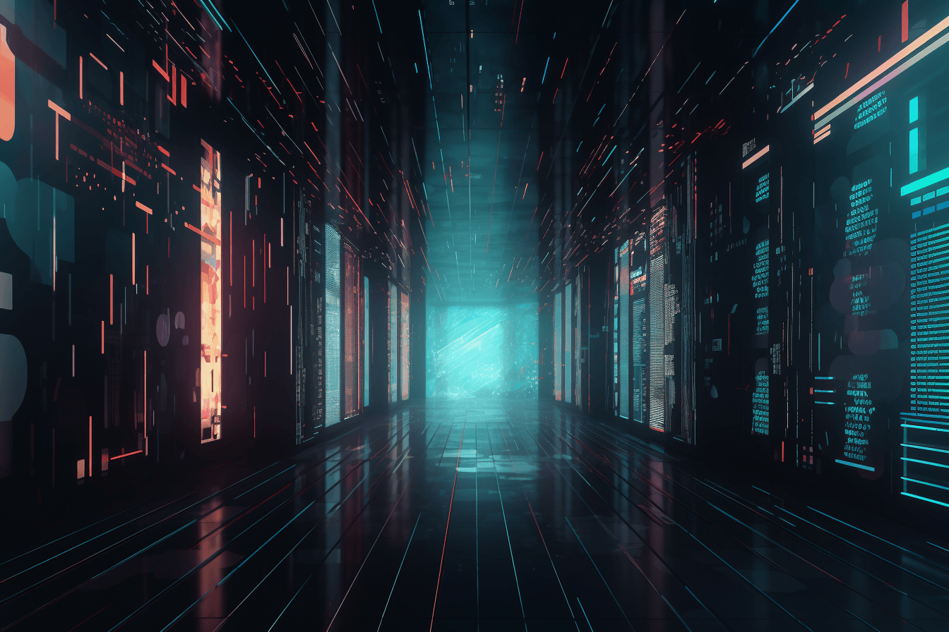 A wallpaper featuring an abstract illustration of a futuristic data center, with sleek and modern graphics and a minimalist color scheme.