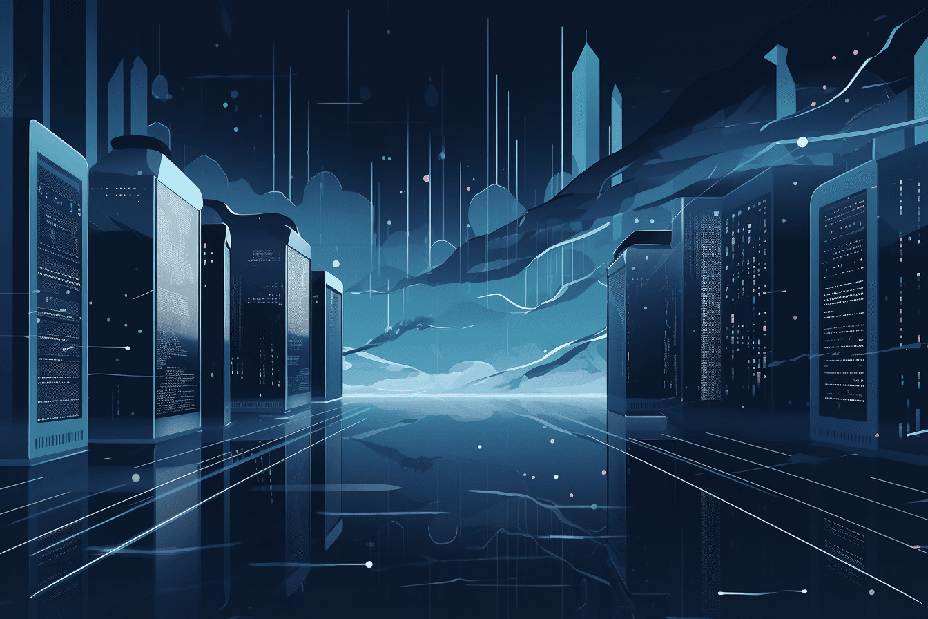 A wallpaper featuring an abstract illustration of a futuristic data center, with sleek and modern graphics and a minimalist color scheme.