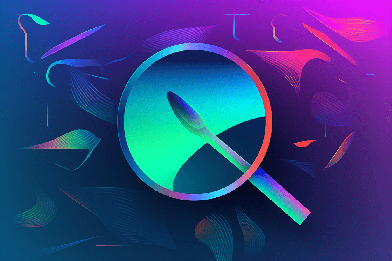 A wallpaper featuring an abstract illustration of an AI-powered search engine, with a minimalist and modern design, set against a gradient background.